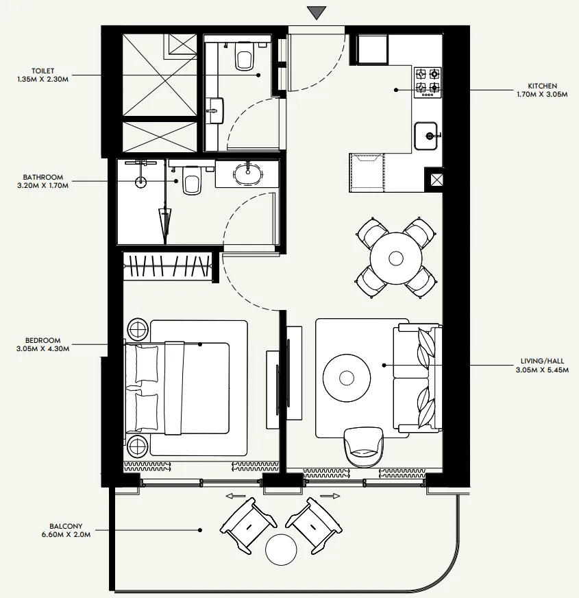 Azizi Venice 1 bed floor plan, 733 sqft