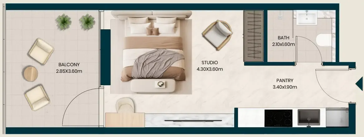 Kyomi Residences Studio floor plan, 427 sqft