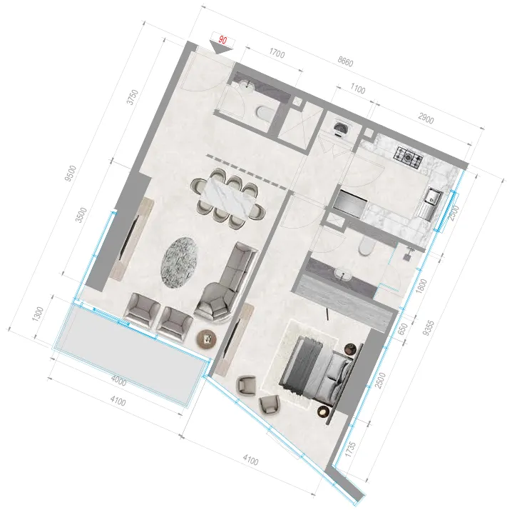 Orchid Towers Phase 1 1 bed floor plan, 834 sqft