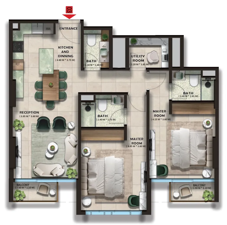 The Spark By Esnaad 2 bed floor plan, 1,068 sqft