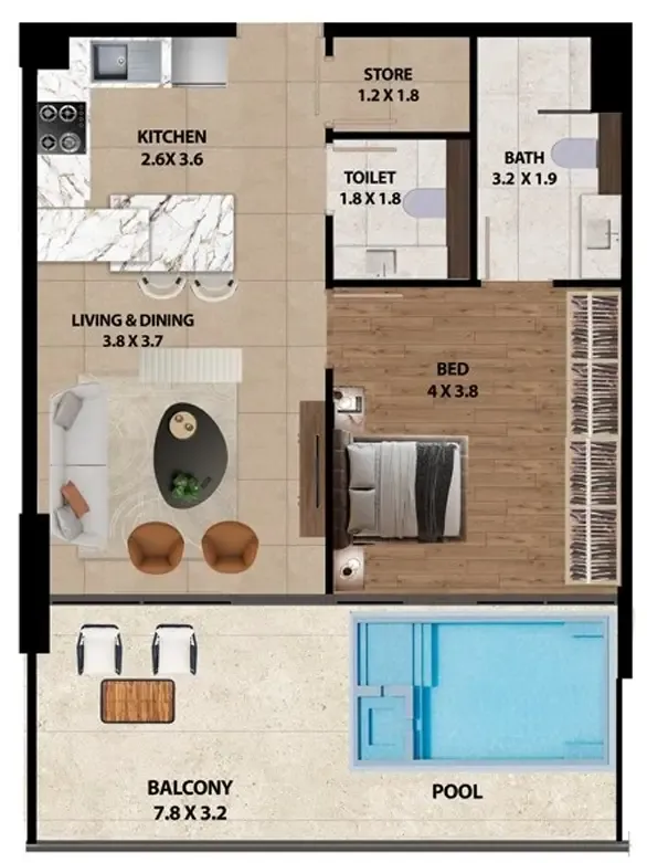 Marquis One 1 bed floor plan, 907 sqft
