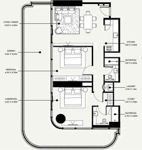 Azizi Milan 2 bed floor plan, 1,655 sqft