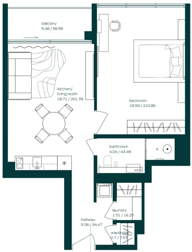 Vibe 1 bed floor plan, 669 sqft
