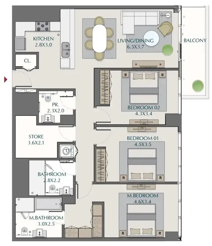Wasl1 1 Residences 3 bed floor plan, 1,673 sqft