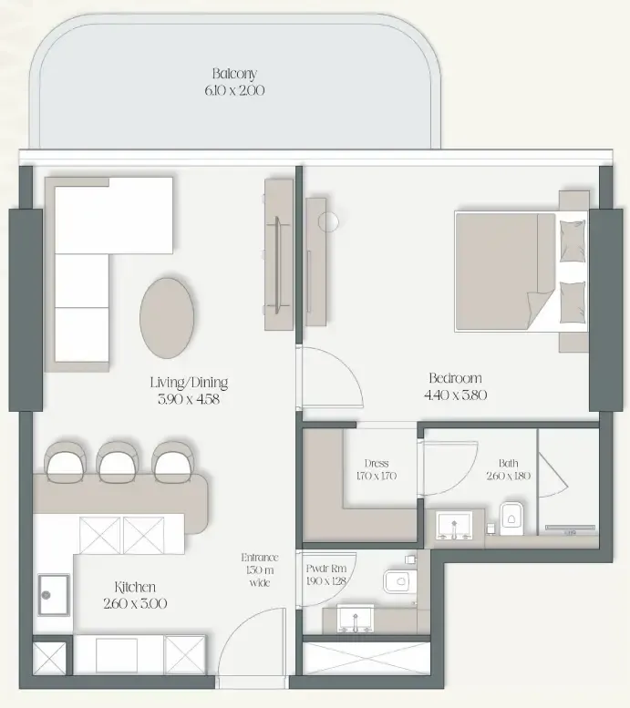 The Caden by Prescott 1 bed floor plan, 783 sqft