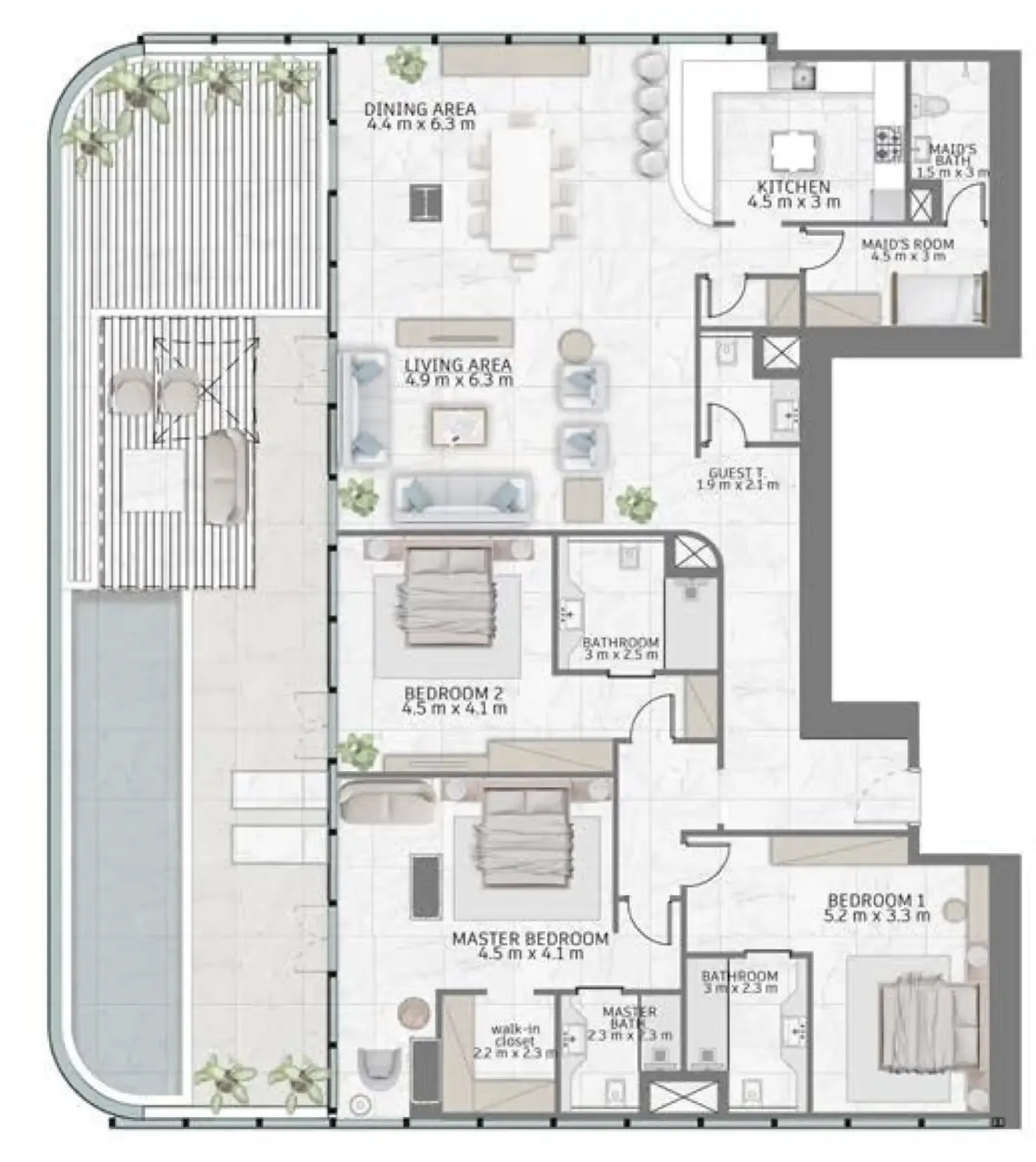 Al Habtoor Tower 3 bed floor plan, 3,631 sqft