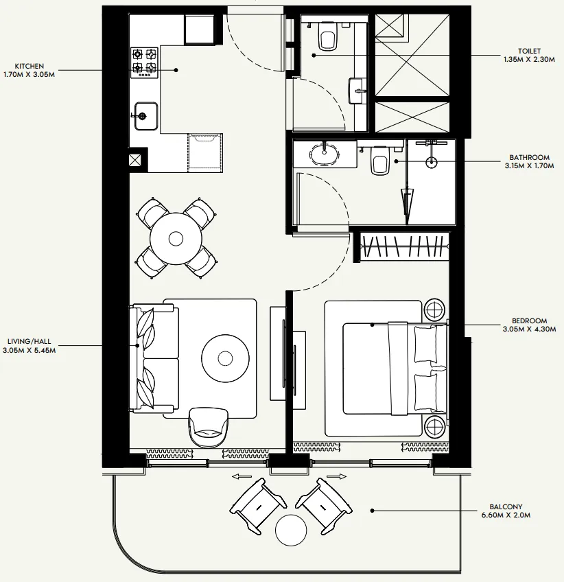 Azizi Venice 1 bed floor plan, 733 sqft