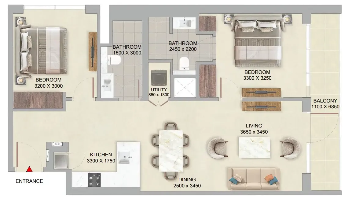 The Woods Abode at Sobha Sanctuary 2 bed floor plan, 961 sqft