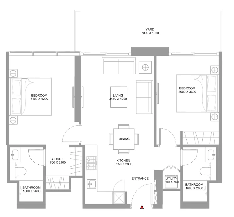 Coastline Beach Residences 2 bed floor plan, 928 sqft
