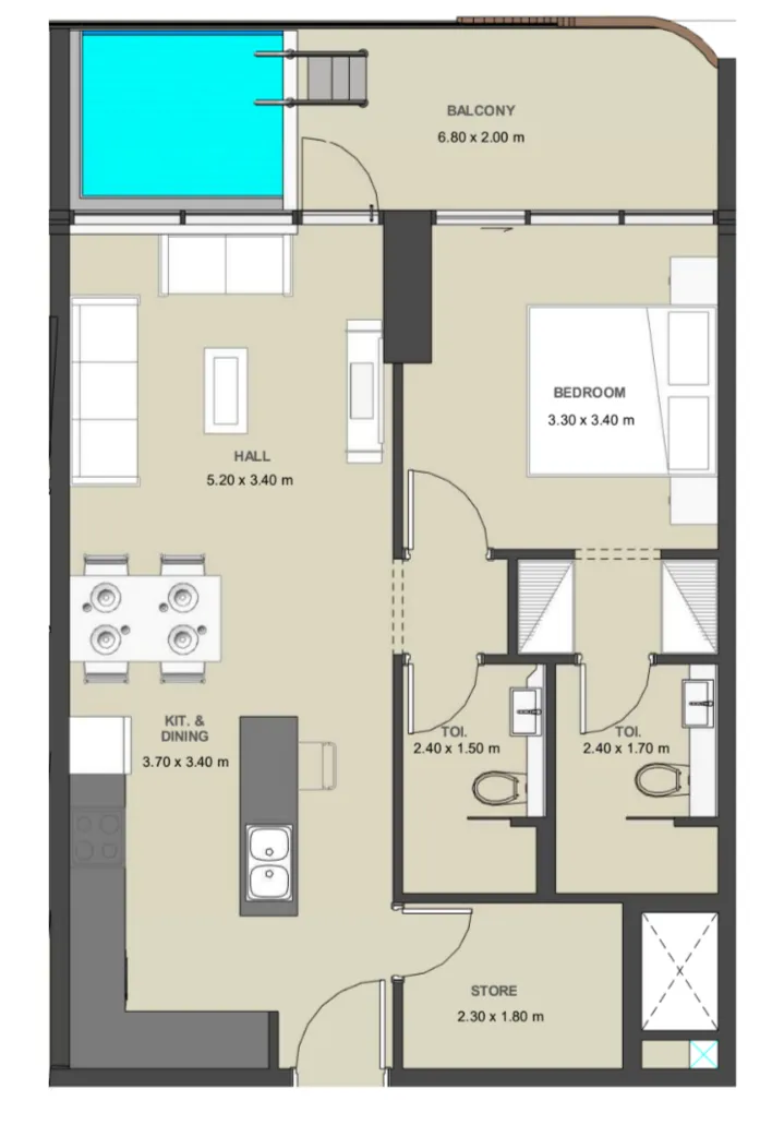 Lucky Oasis Residence 1 bed floor plan, 834 sqft