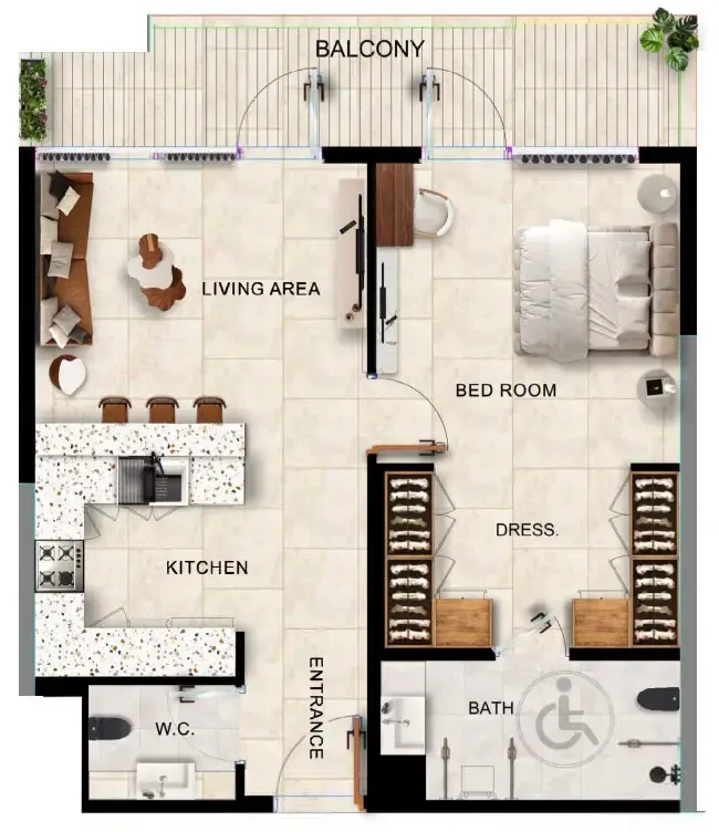 Kingdom Gate 1 bed floor plan, 844 sqft