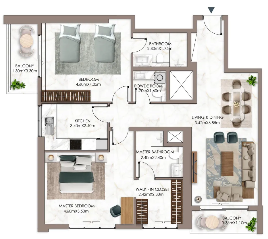 Ajman Creek Towers 2 bed floor plan, 1,781 sqft
