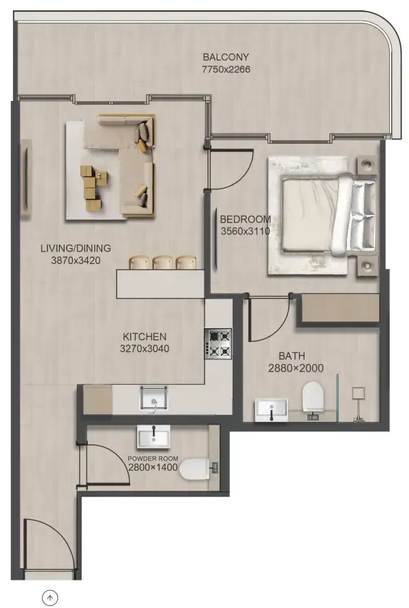J188 1 bed floor plan, 795 sqft