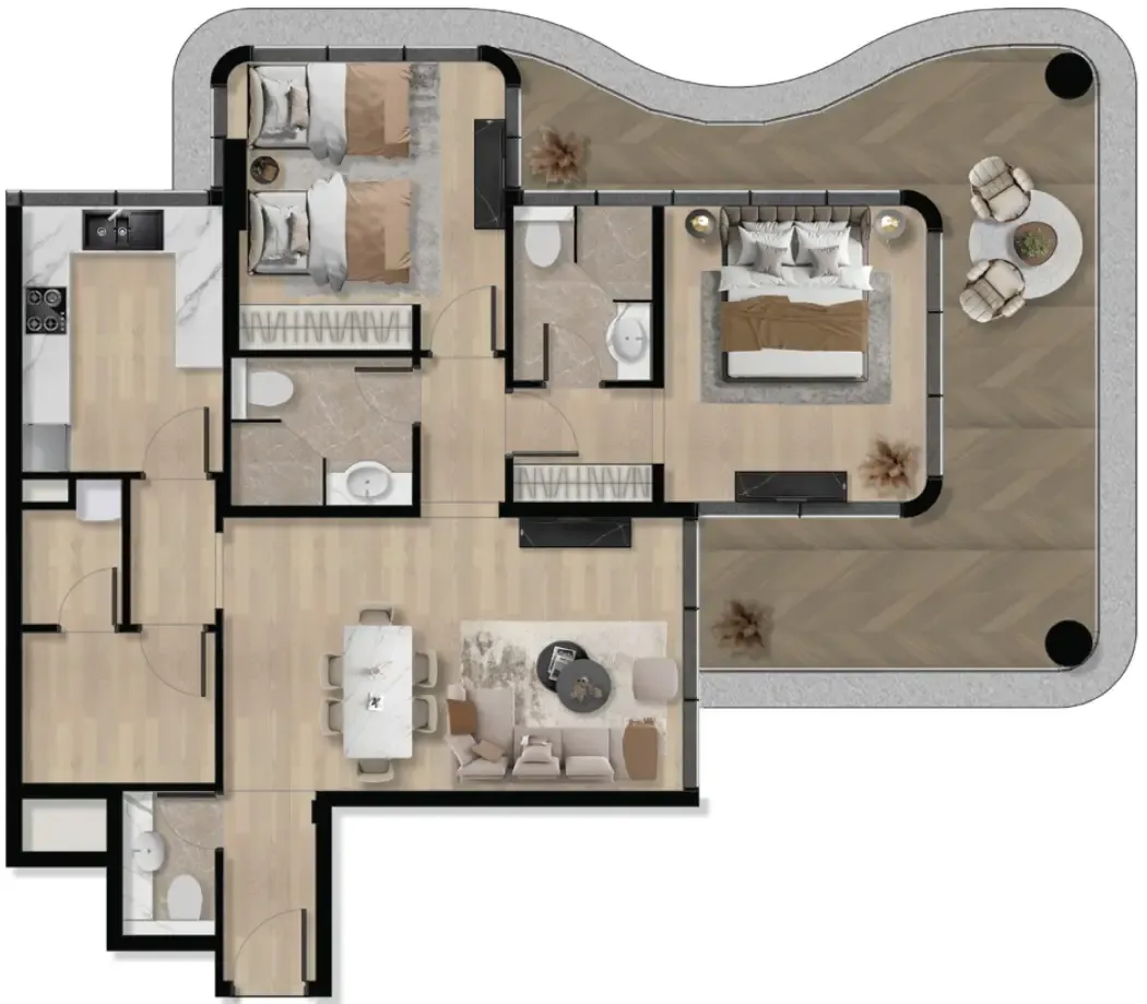 Orvessa Residences 2 bed floor plan, 1,397 sqft