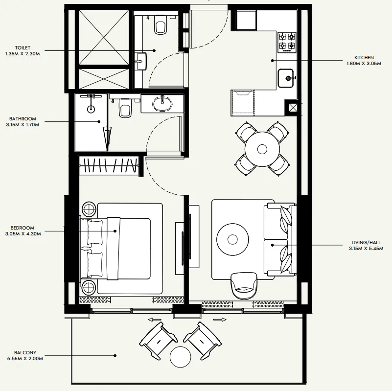 Azizi Venice 1 bed floor plan, 735 sqft