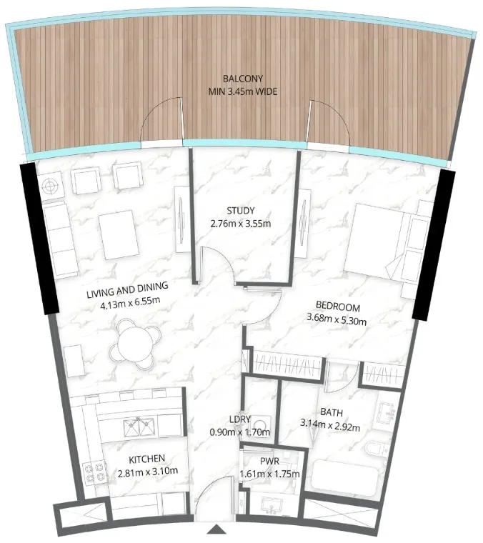 Aqua Arc 1 bed floor plan, 1,390 sqft