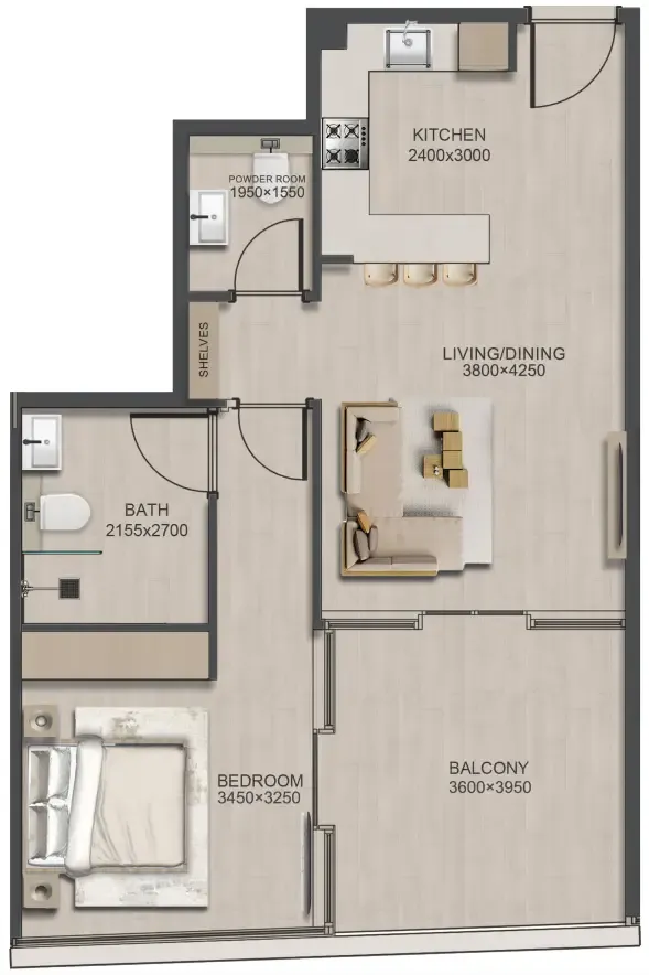 J188 1 bed floor plan, 792 sqft