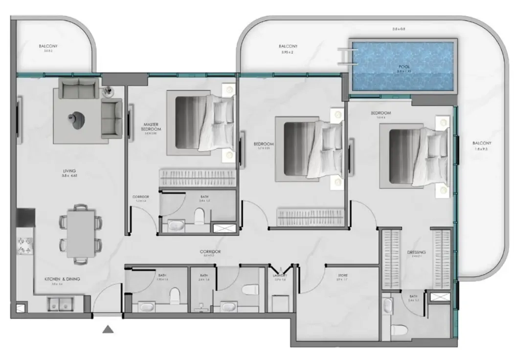 Samana Ocean Bay 3 bed floor plan, 1,830 sqft