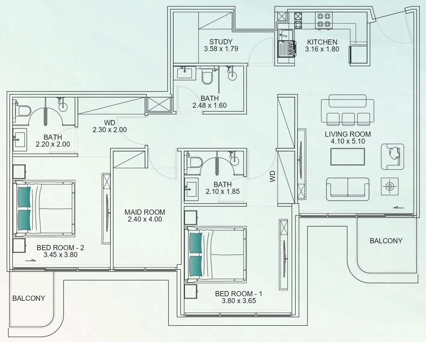 Floarea Breeze 2 bed floor plan, 1,274 sqft