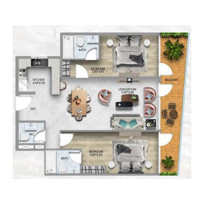 311 Boulevard 2 bed floor plan, 1,243 sqft