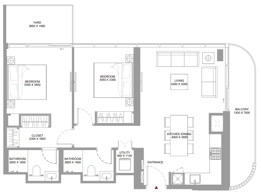 Canalside Marina Residences 2 bed floor plan, 1,064 – 1,065 sqft