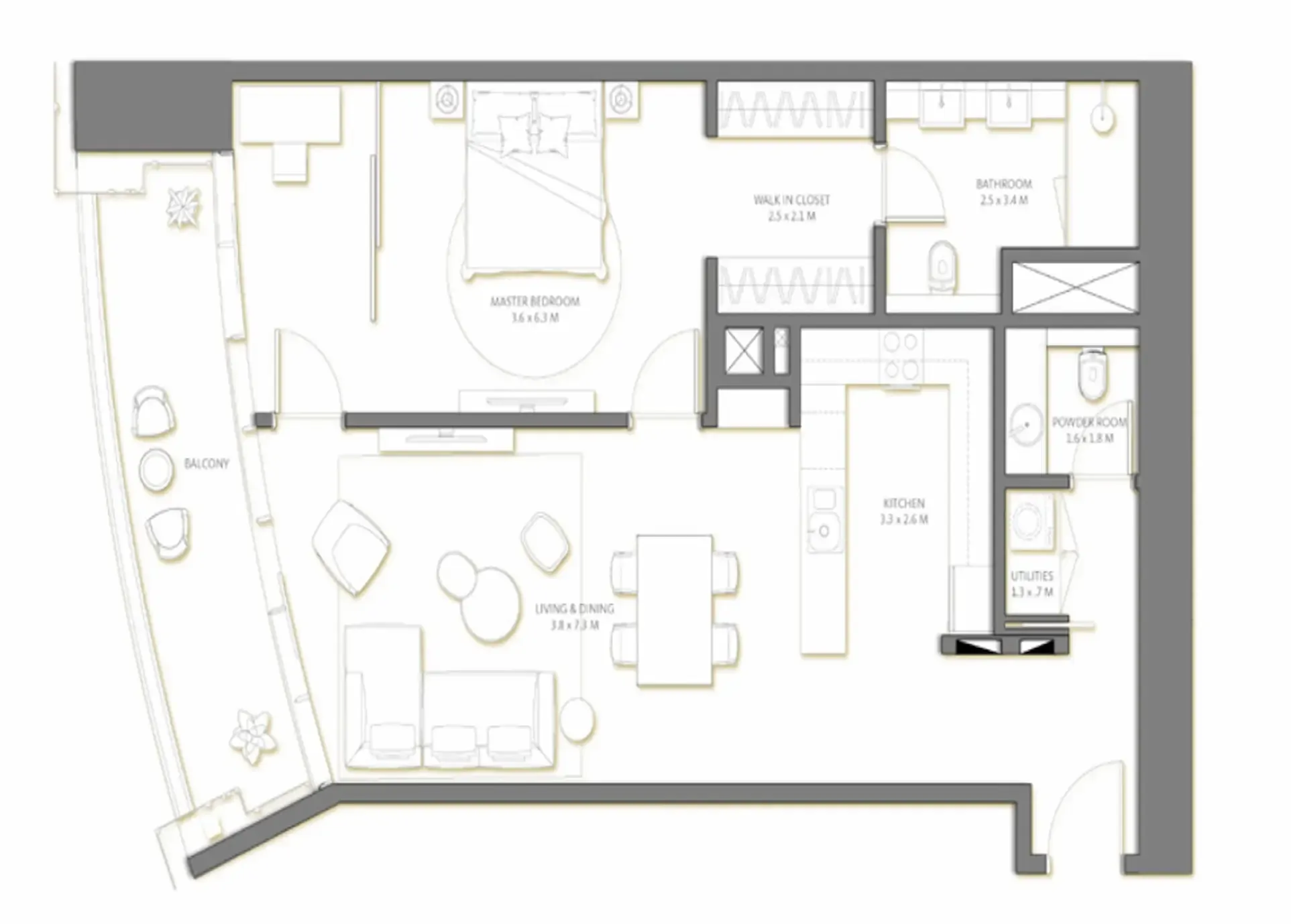 Palm Beach Tower 3 1 bed floor plan, 1,168 sqft