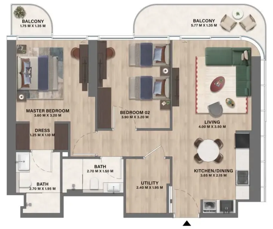 Mövenpick Residences Dubai Motor City Phase 1 2 bed floor plan, 990 sqft