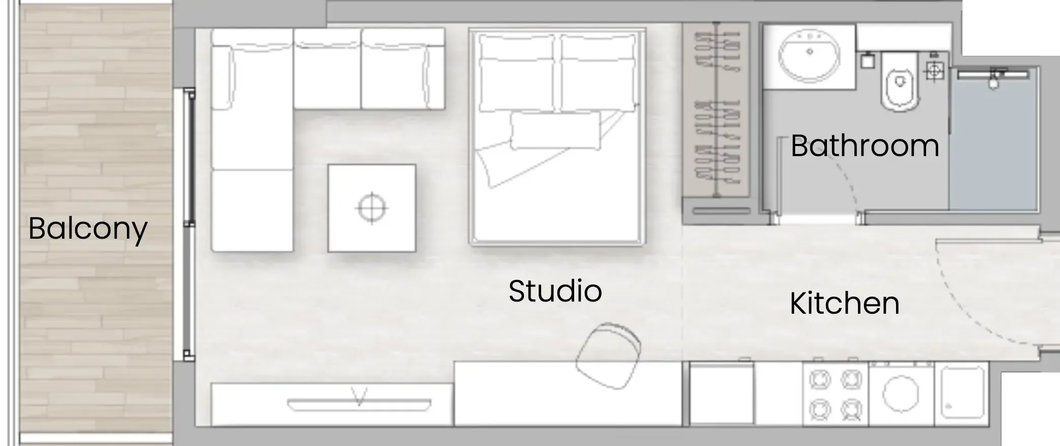 One Beverly Studio floor plan, 390 sqft