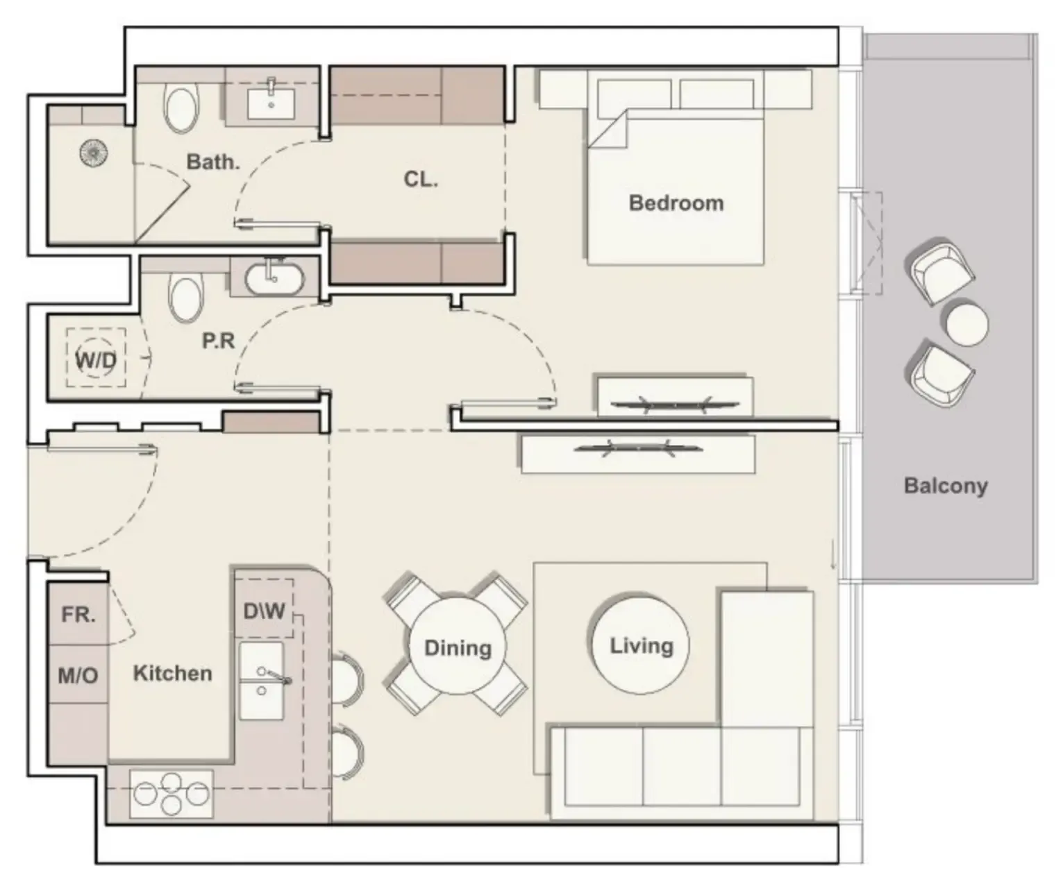 The Meriva Collection 1 bed floor plan, 834 sqft