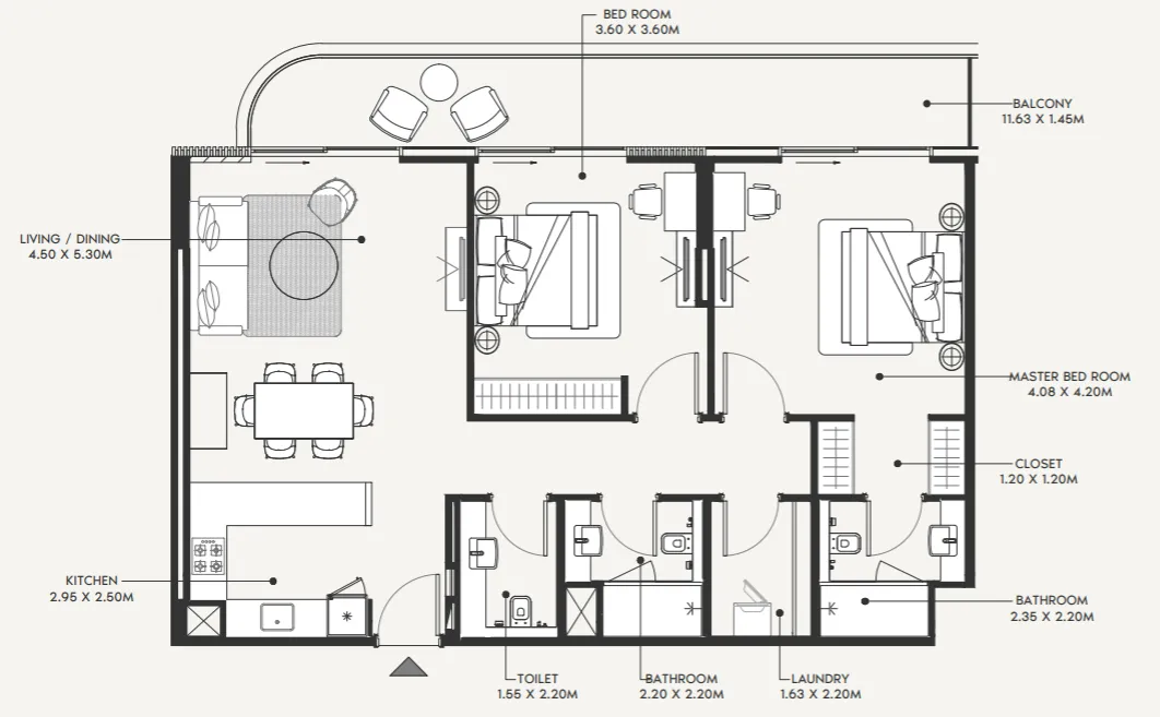 Azizi Amir 2 bed floor plan, 1,270 sqft
