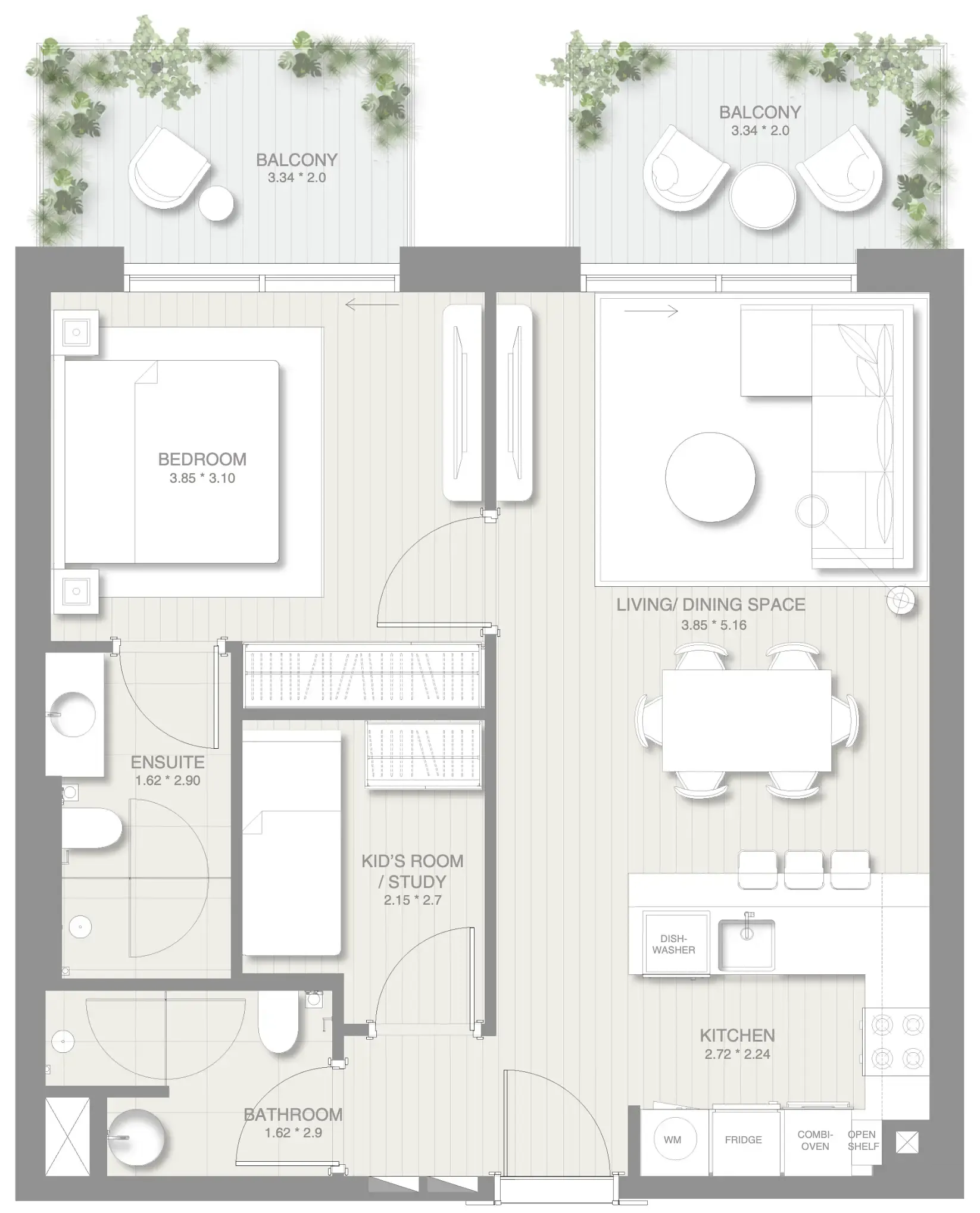 Sol Levante 1 bed floor plan, 845 sqft
