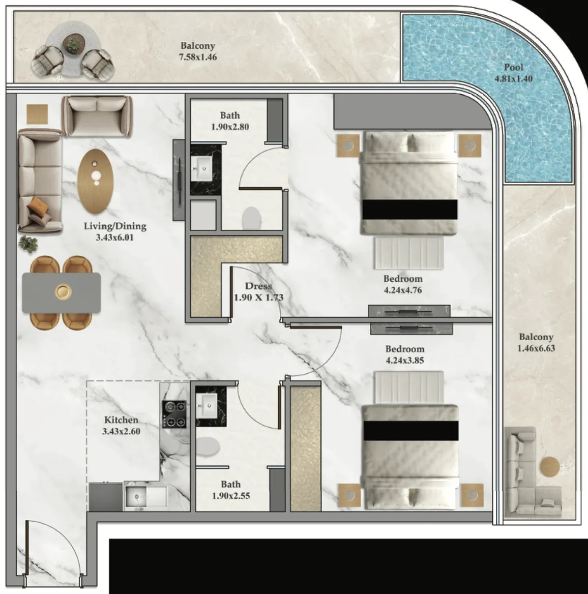 Bayz 102 2 bed floor plan, 1,199 sqft