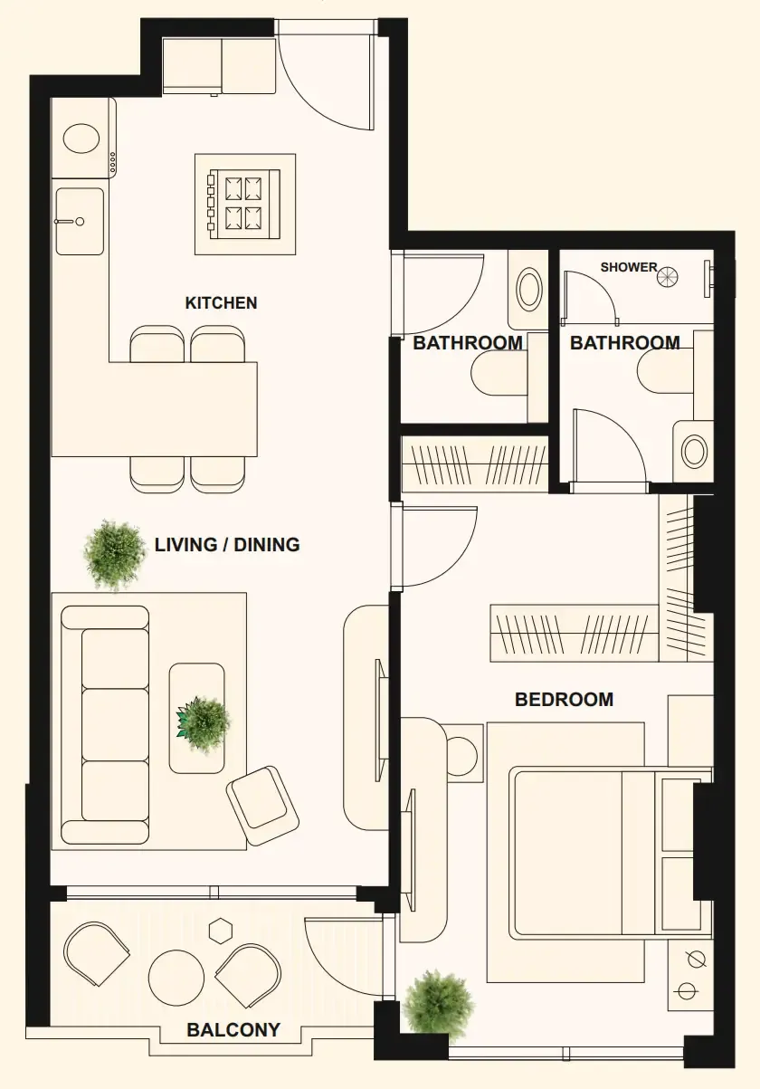The Elysian 1 bed floor plan, 717 sqft