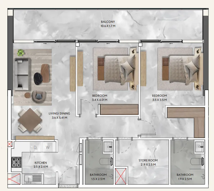 California Residences 2 bed floor plan, 1,159 – 1,160 sqft