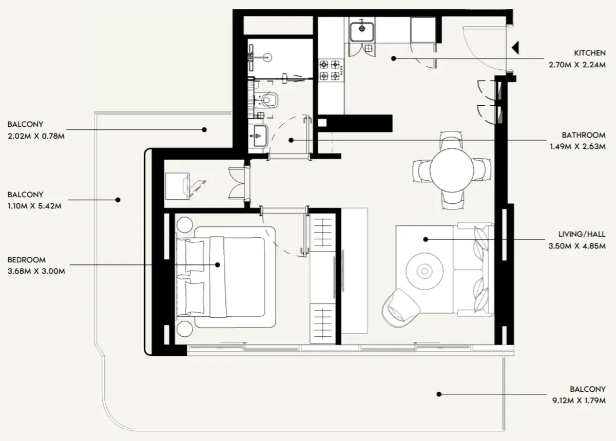 Azizi David 1 bed floor plan, 862 sqft