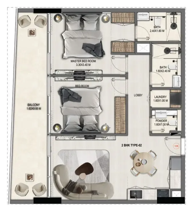 Divine Elements 2 bed floor plan, 1,024 – 1,069 sqft
