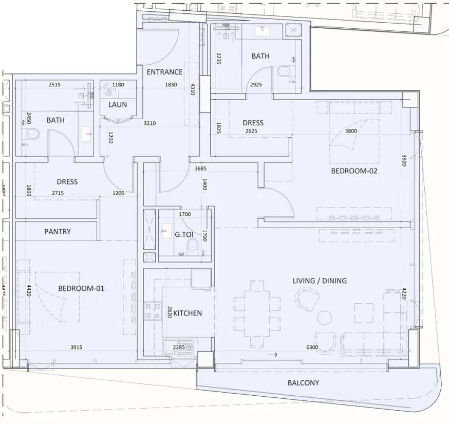 Luzora Residence 2 bed floor plan, 1,437 sqft