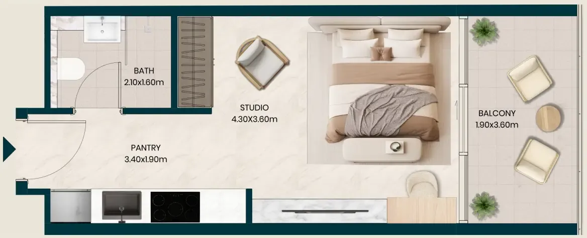 Kyomi Residences Studio floor plan, 385 sqft
