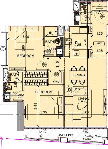 Binghatti Moonlight 2 bed floor plan, 934 sqft