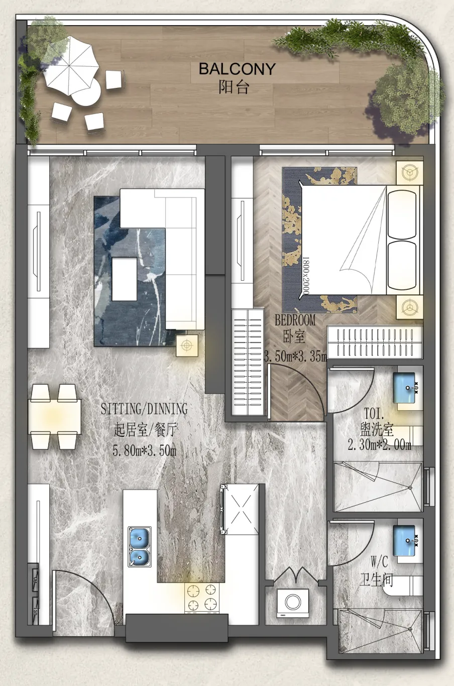 Forest City 2 1 bed floor plan, 835 sqft