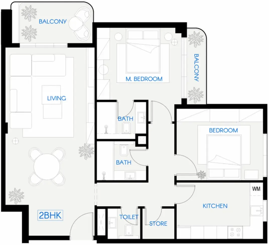 Celestara Residences 2 bed floor plan, 1,204 – 1,211 sqft