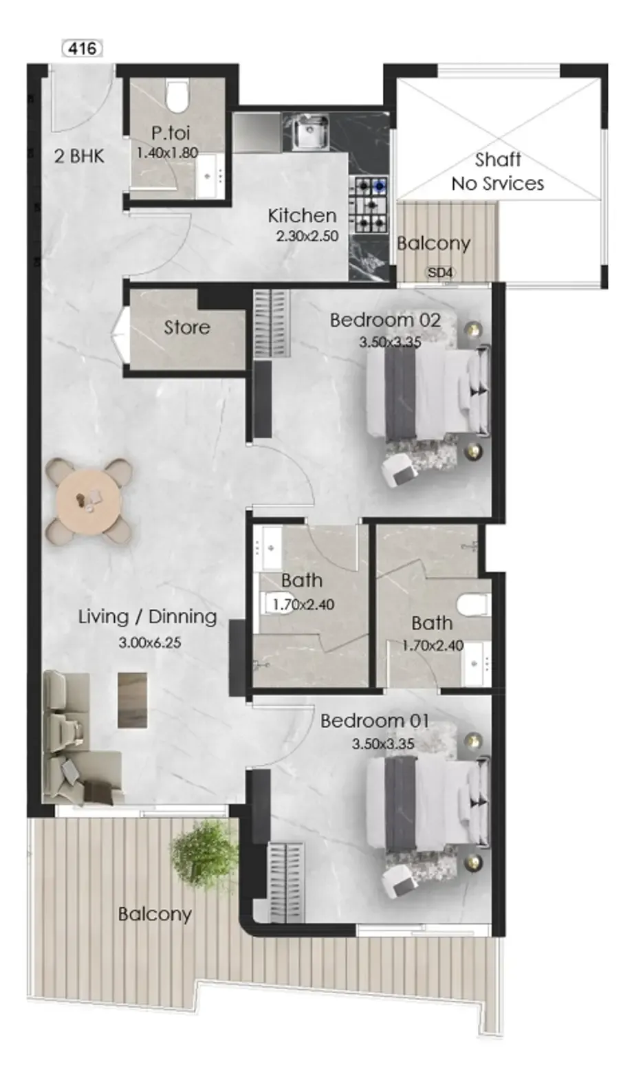 Aristo 2 bed floor plan, 948 sqft