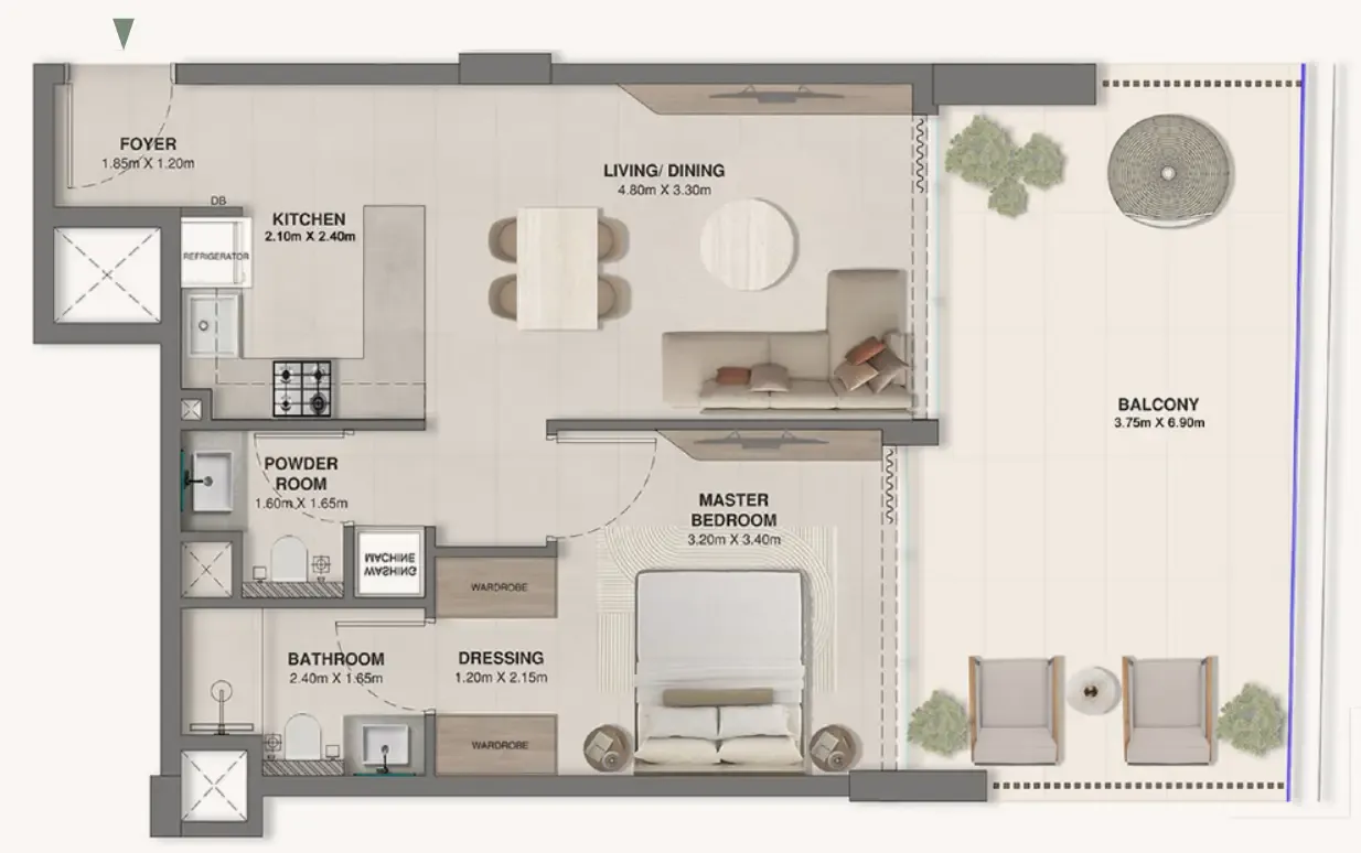 Woodland Crest 1 bed floor plan, 833 sqft
