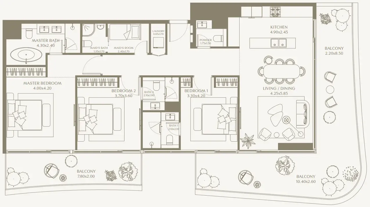 AYA Beachfront Residences 3 bed floor plan, 2,120 – 2,206 sqft