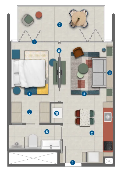 Rove Home Marasi Drive 1 bed floor plan, 642 sqft