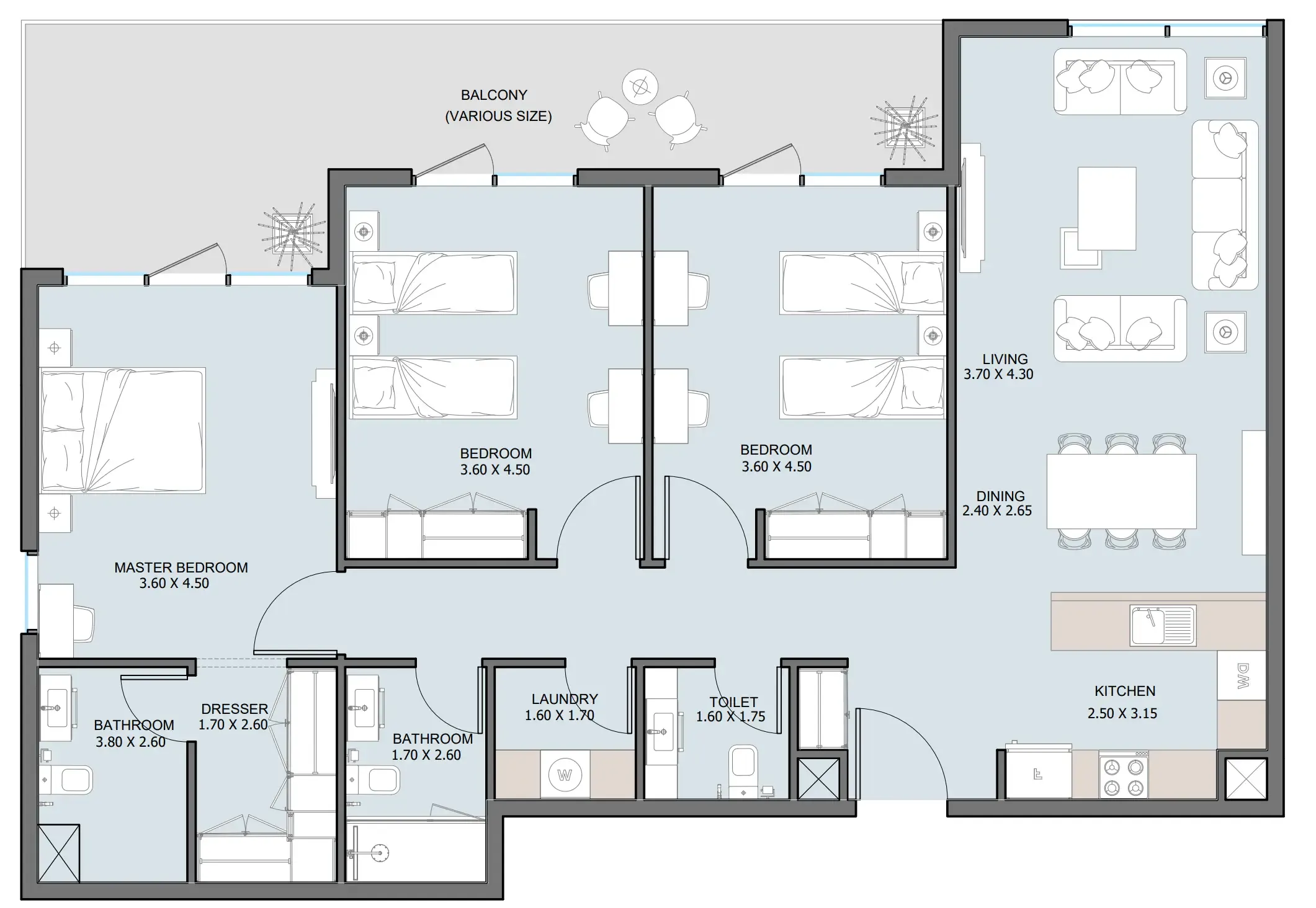 The District 3 bed floor plan, 1,590 sqft