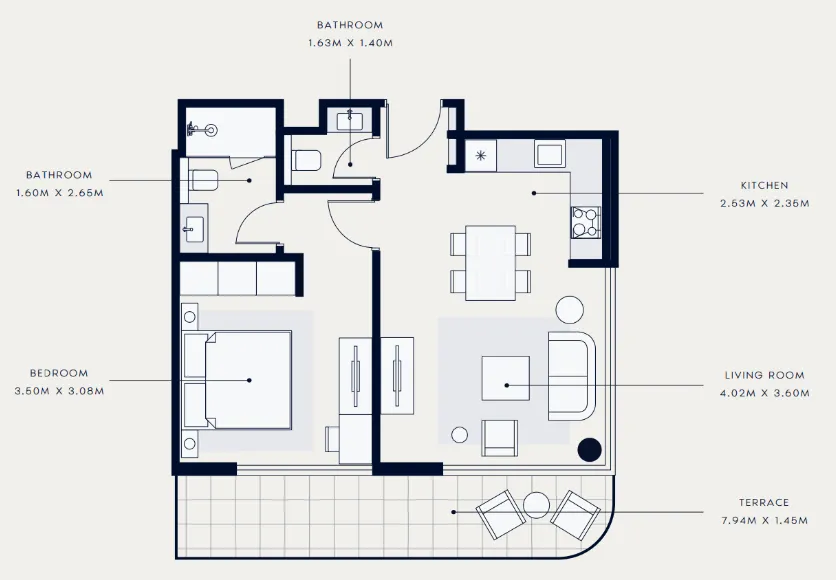 Azizi Venice 1 bed floor plan, 693 sqft