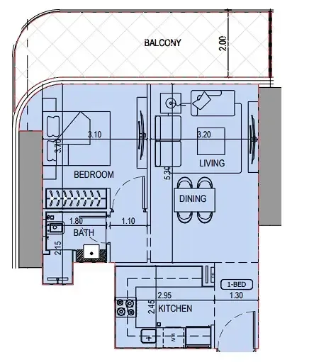 Binghatti Sky Terraces 1 bed floor plan, 714 sqft