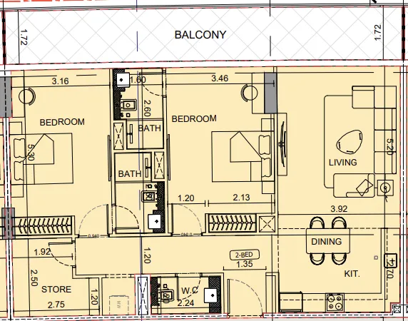 Binghatti Aquarise 2 bed floor plan, 1,338 sqft