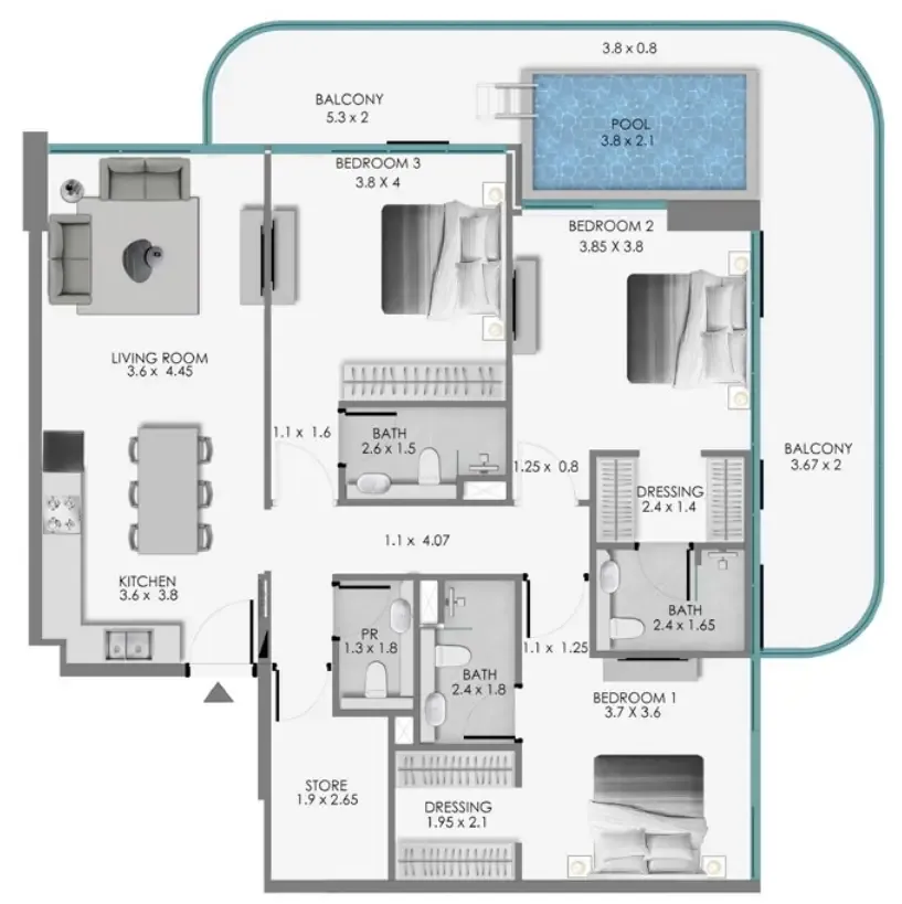 Samana Ocean Bay 3 bed floor plan, 1,737 sqft